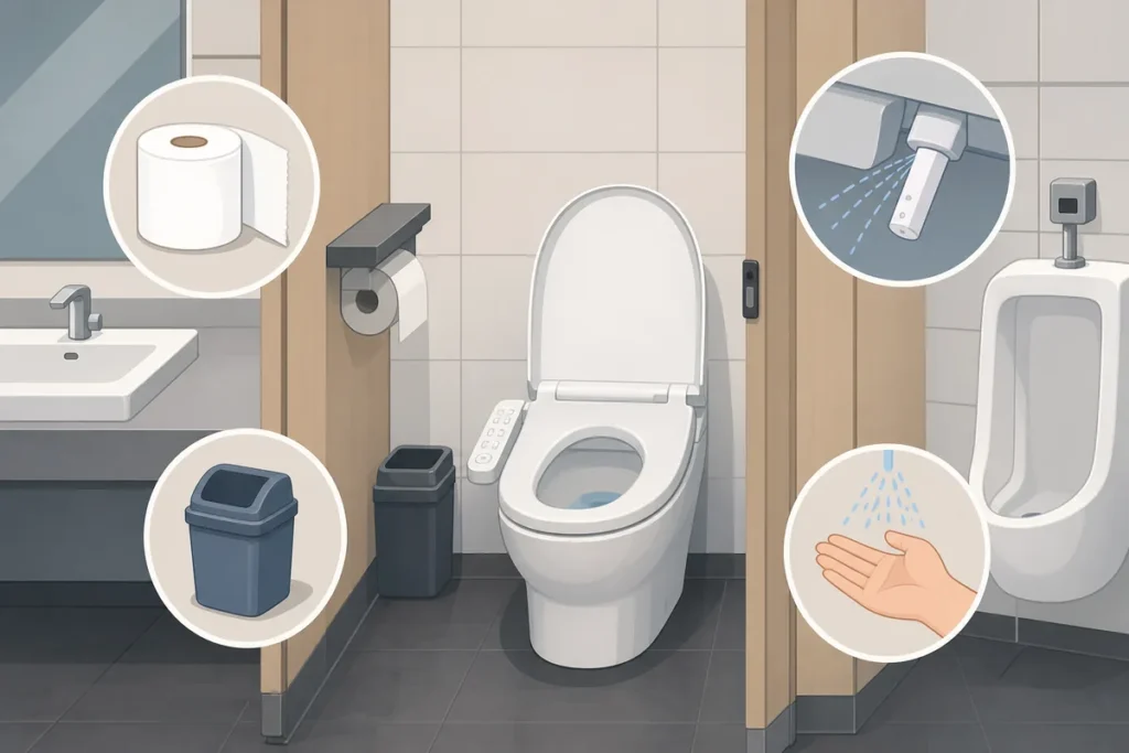 korean public toilets explained korean public toilets with a bidet panel, toilet paper dispenser, and flush button in a clean restroom stall