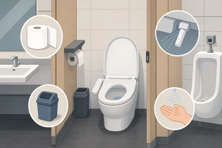 korean public toilets explained korean public toilets with a bidet panel, toilet paper dispenser, and flush button in a clean restroom stall