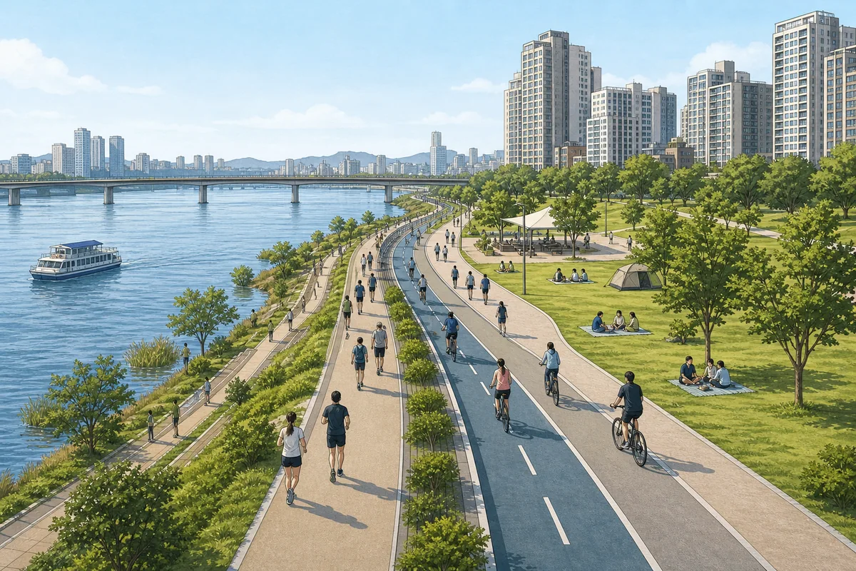 korean rivers with a separate walking path and bike lane near a bridge entrance