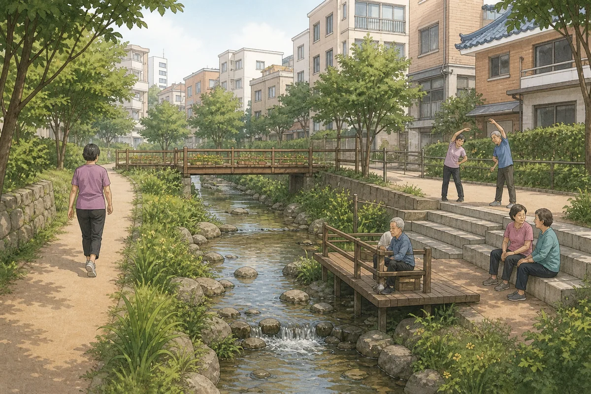 small neighborhood stream among korean rivers with walking paths and local residents exercising