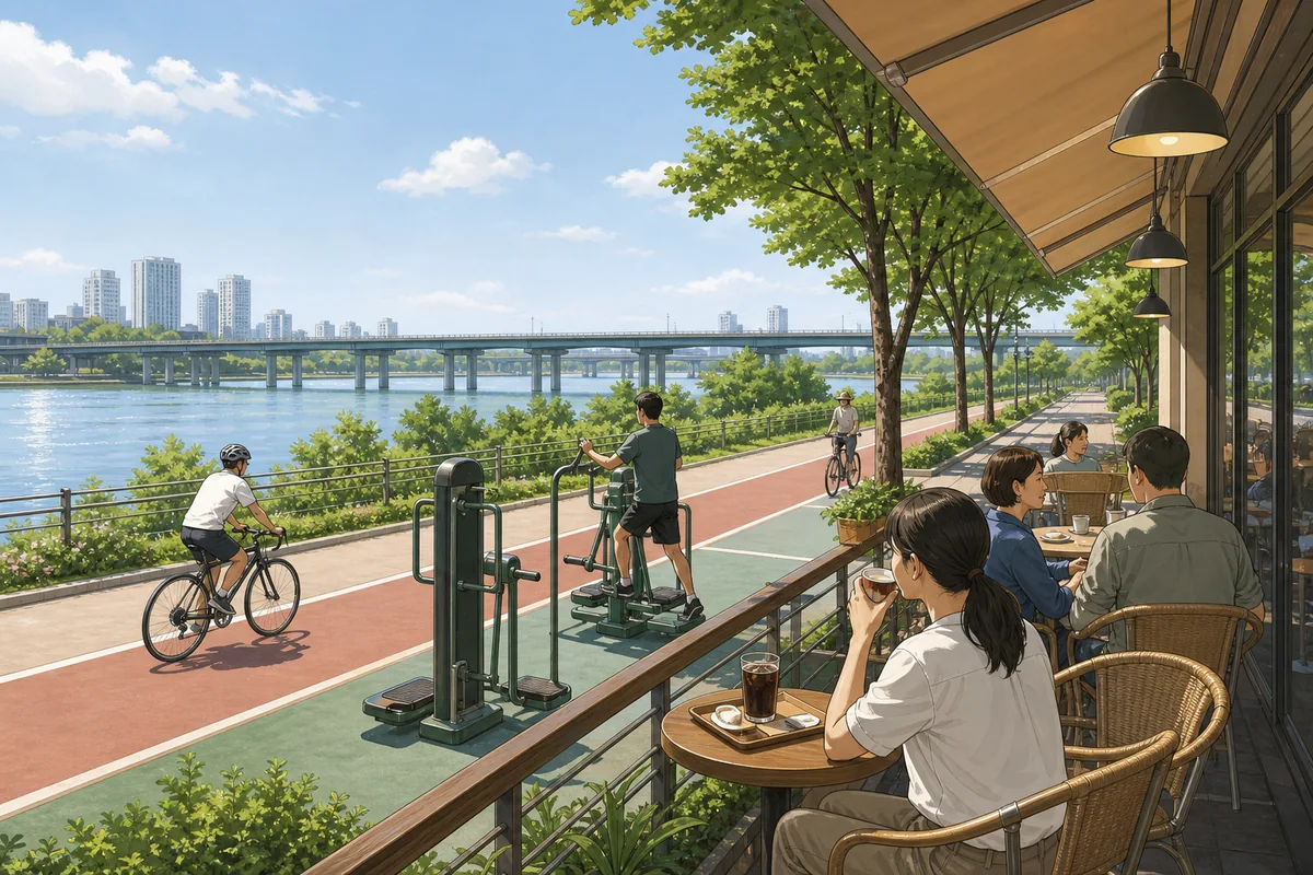cafe terrace beside korean rivers with views of a public bike path and outdoor exercise area