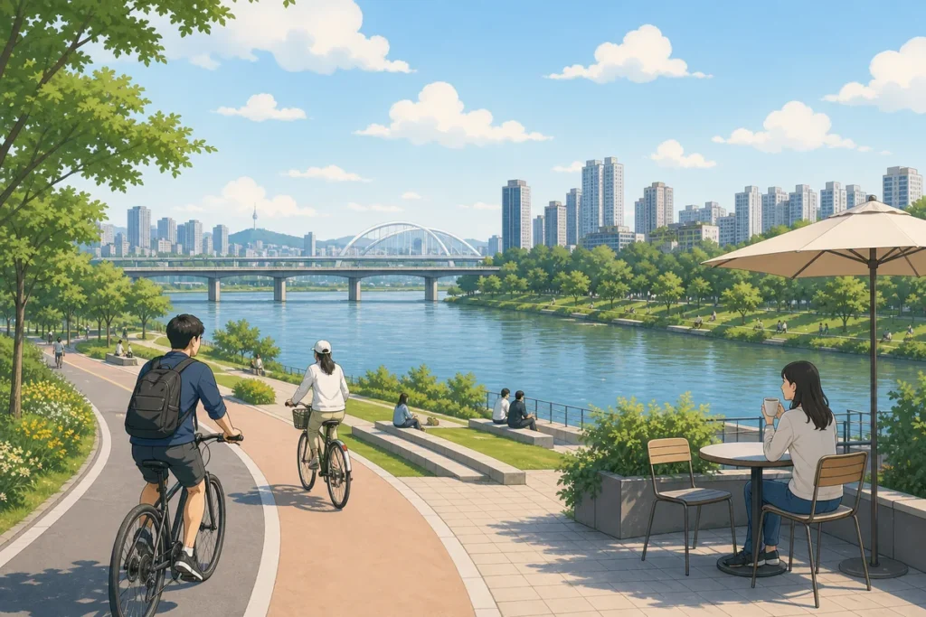 korean rivers lined with parks, bike paths, and cafes along a city waterfront