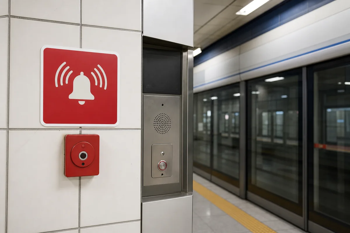 korean safety signs subway stations subway safety signs near a platform wall with the 비상벨 emergency button box