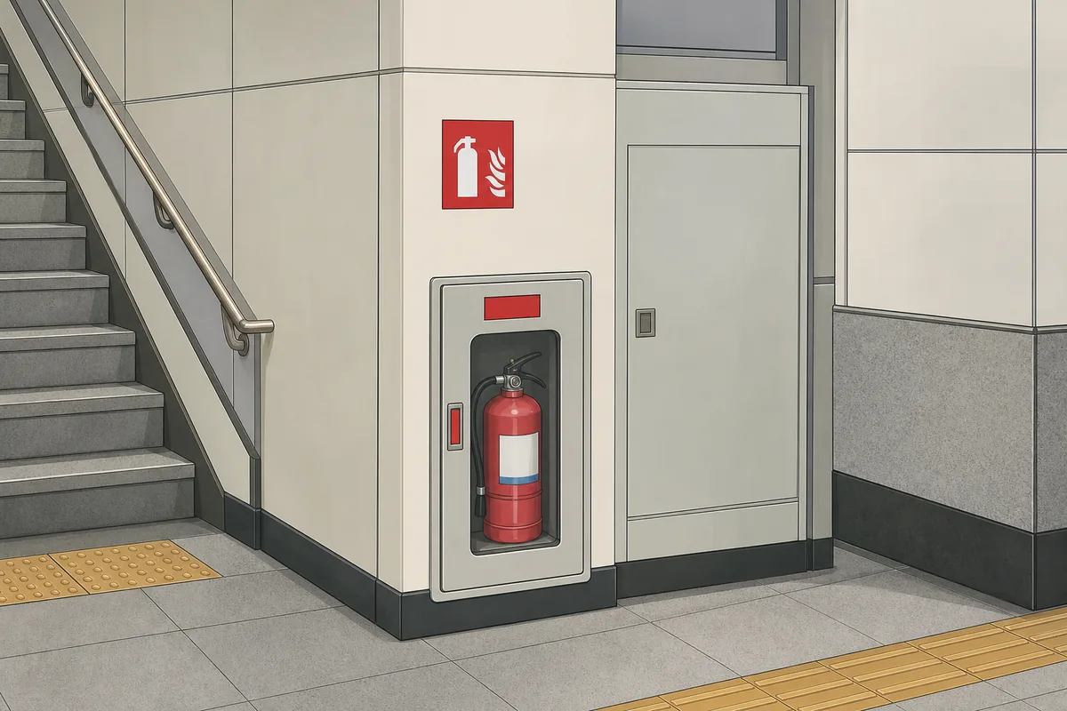subway safety signs highlighting a red 소화기 extinguisher cabinet beside a station pillar