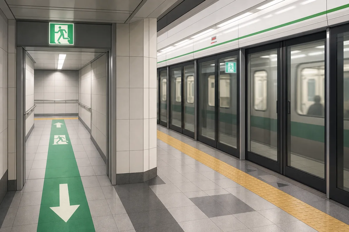 subway safety signs with green 대피로 arrows and the 안전문 platform screen doors