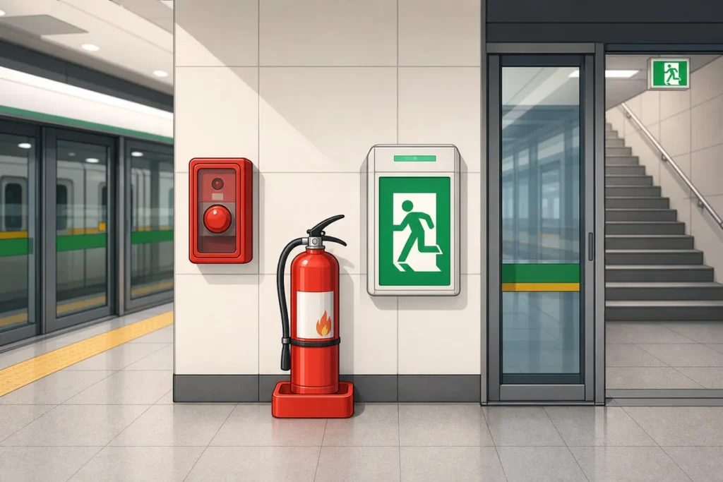 korean safety signs subway stations subway safety signs in a Korean station showing 비상벨, 소화기, 대피로, and 안전문 for fast emergency recognition