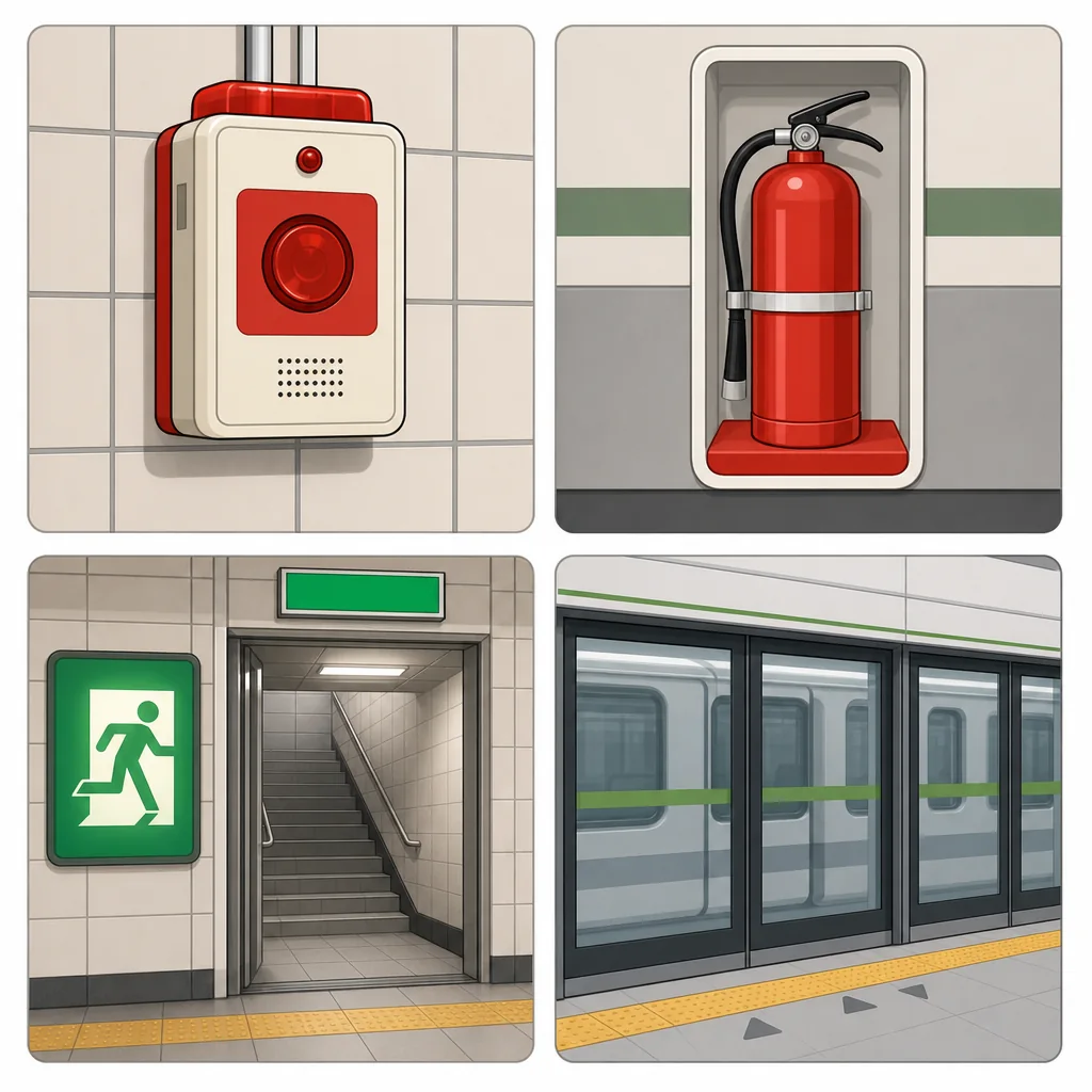 subway safety signs quick guide for 비상벨, 소화기, 대피로, and 안전문