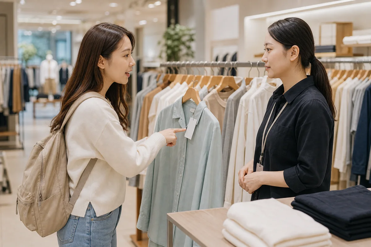 korean shopping phrases for tourists checking a clothing size at a fitting area