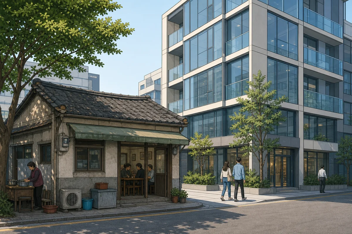 korean streets change quickly with old restaurant beside a new building