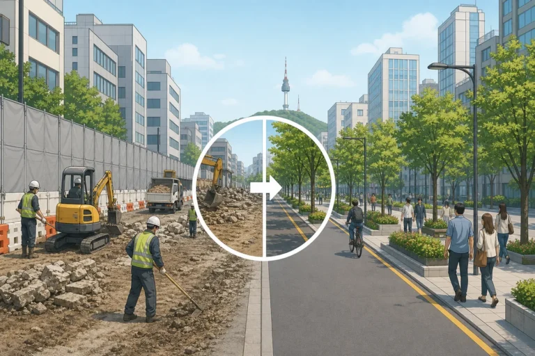 korean streets change quickly with redevelopment fences and new construction