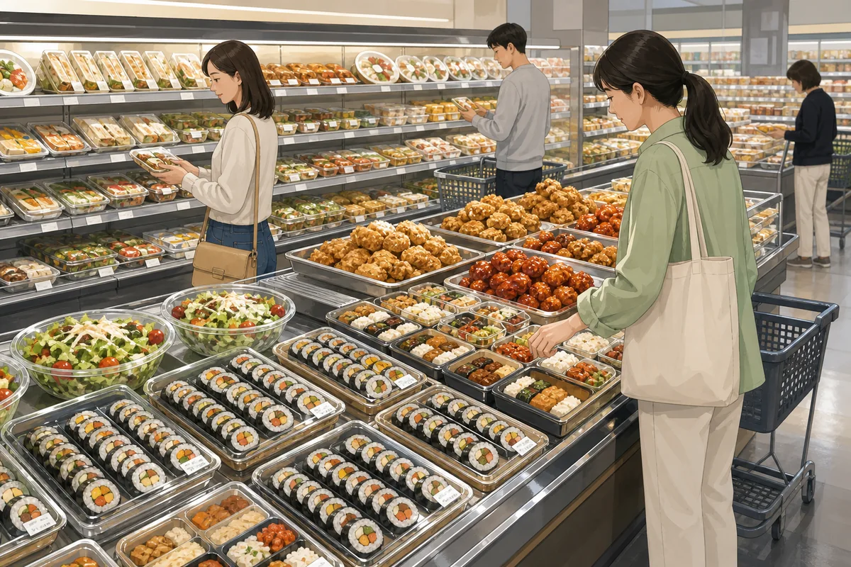 Ready-to-eat food section inside Korean supermarkets with kimbap and packaged meals