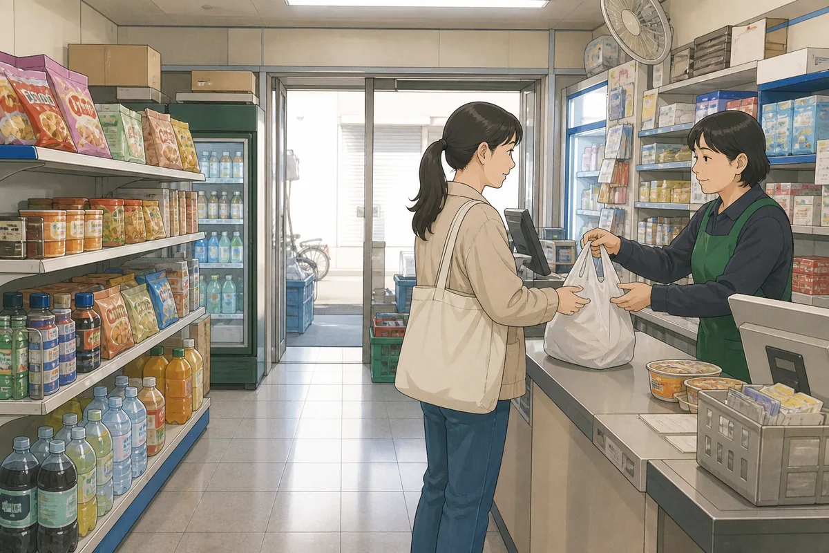 Local neighborhood supermarket aisle in Korea with basic snacks and drinks