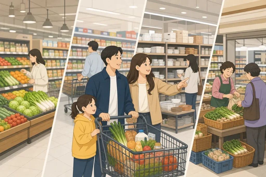 korean supermarkets explained Korean supermarkets guide showing Lotte Mart, Emart, Homeplus, and local stores for travelers