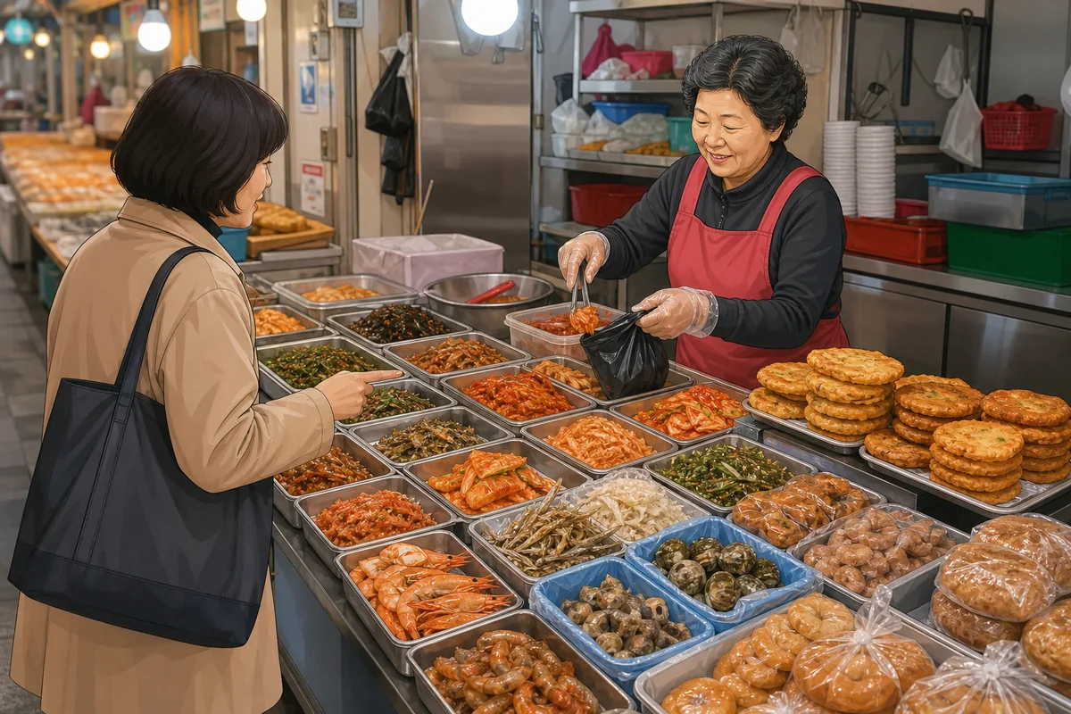banchan stall in korean traditional markets with side dishes and price labels