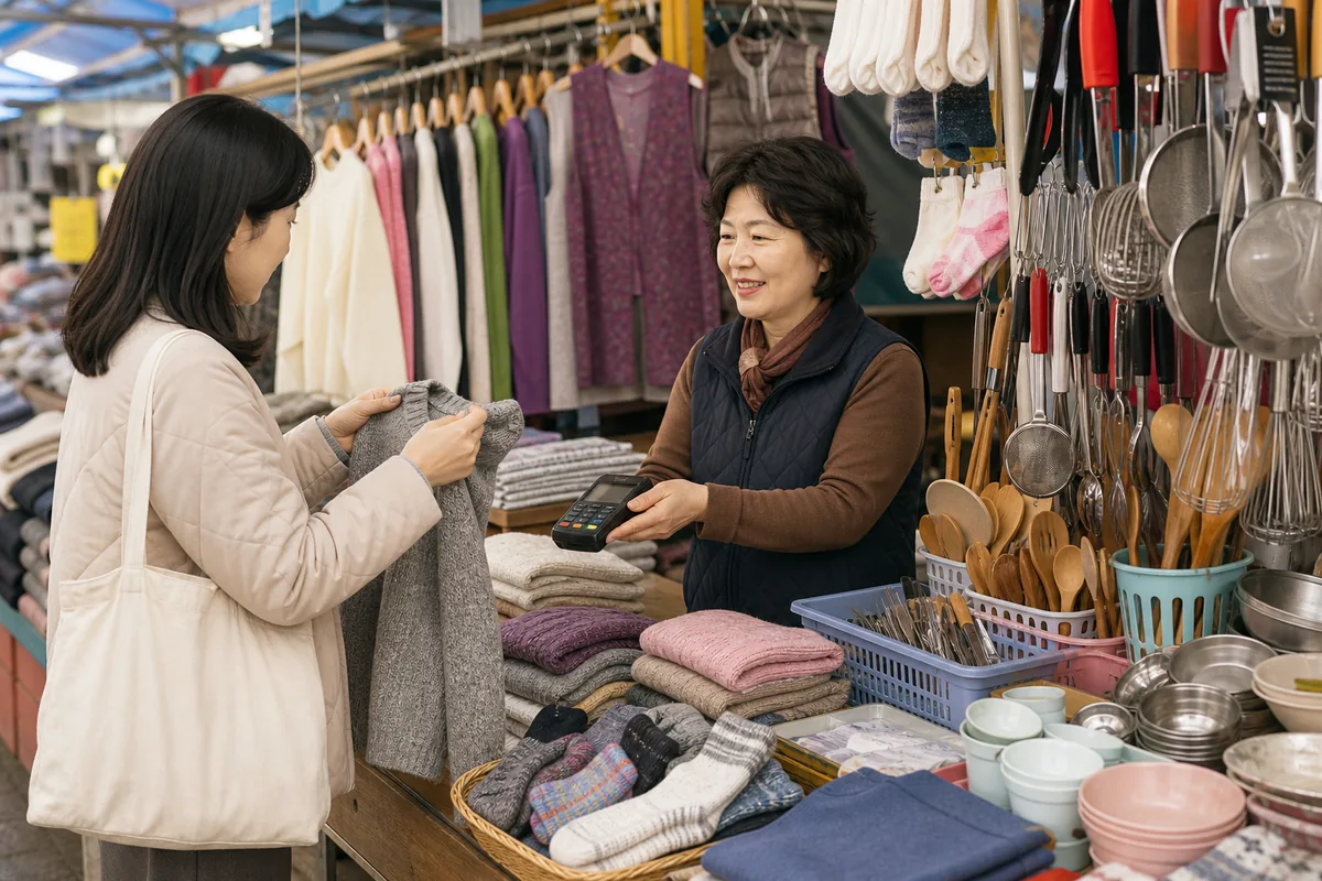 clothing and household stall in korean traditional markets with socks, kitchen tools, and a card terminal