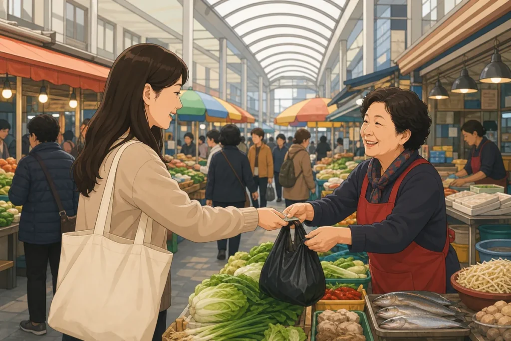 korean traditional markets explained korean traditional markets with mixed food stalls, handwritten signs, and busy market aisles
