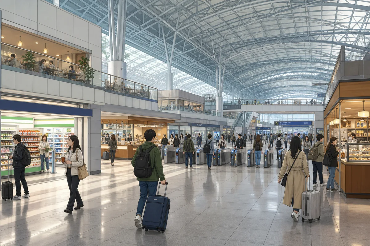 korean train stations concourse with cafes, ticket gates, and luggage travelers
