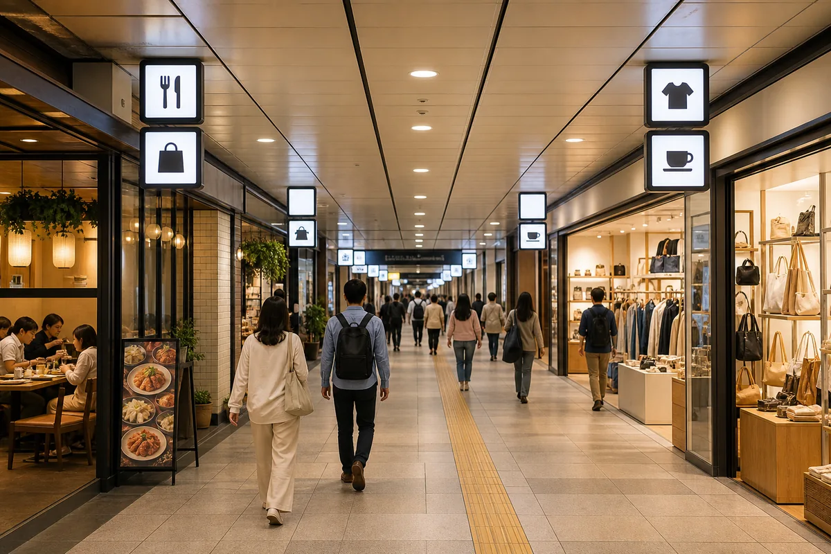 underground shopping street connected to a station entrance near a transit hub