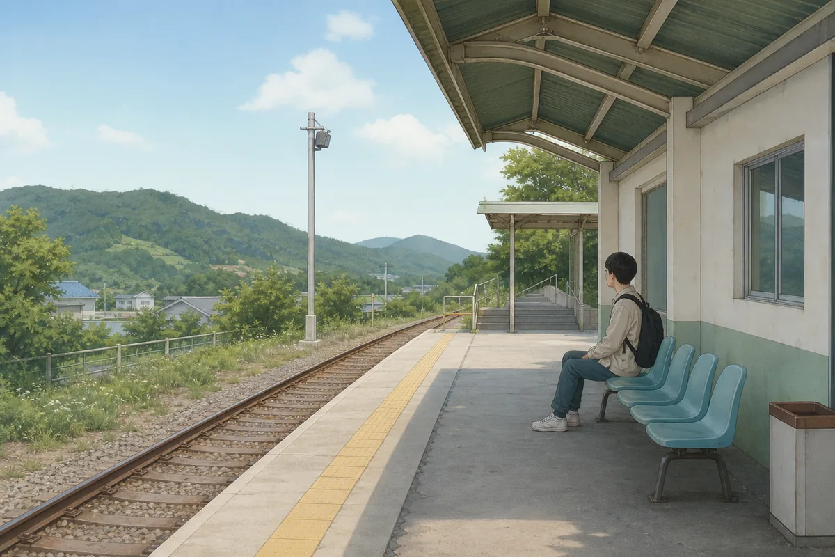 small local train station platform with simple facilities compared to a KTX hub