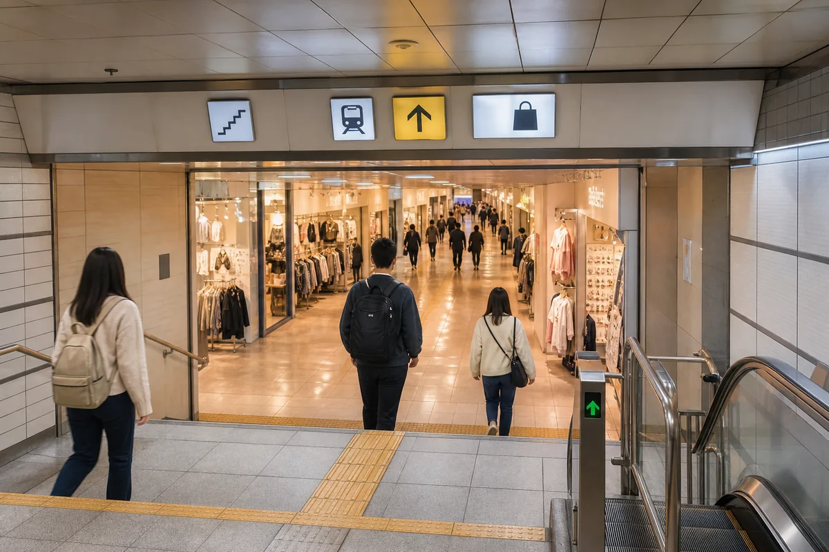 korean underground shopping streets explained underground shopping streets corridor with exit signs and small shops in Korea