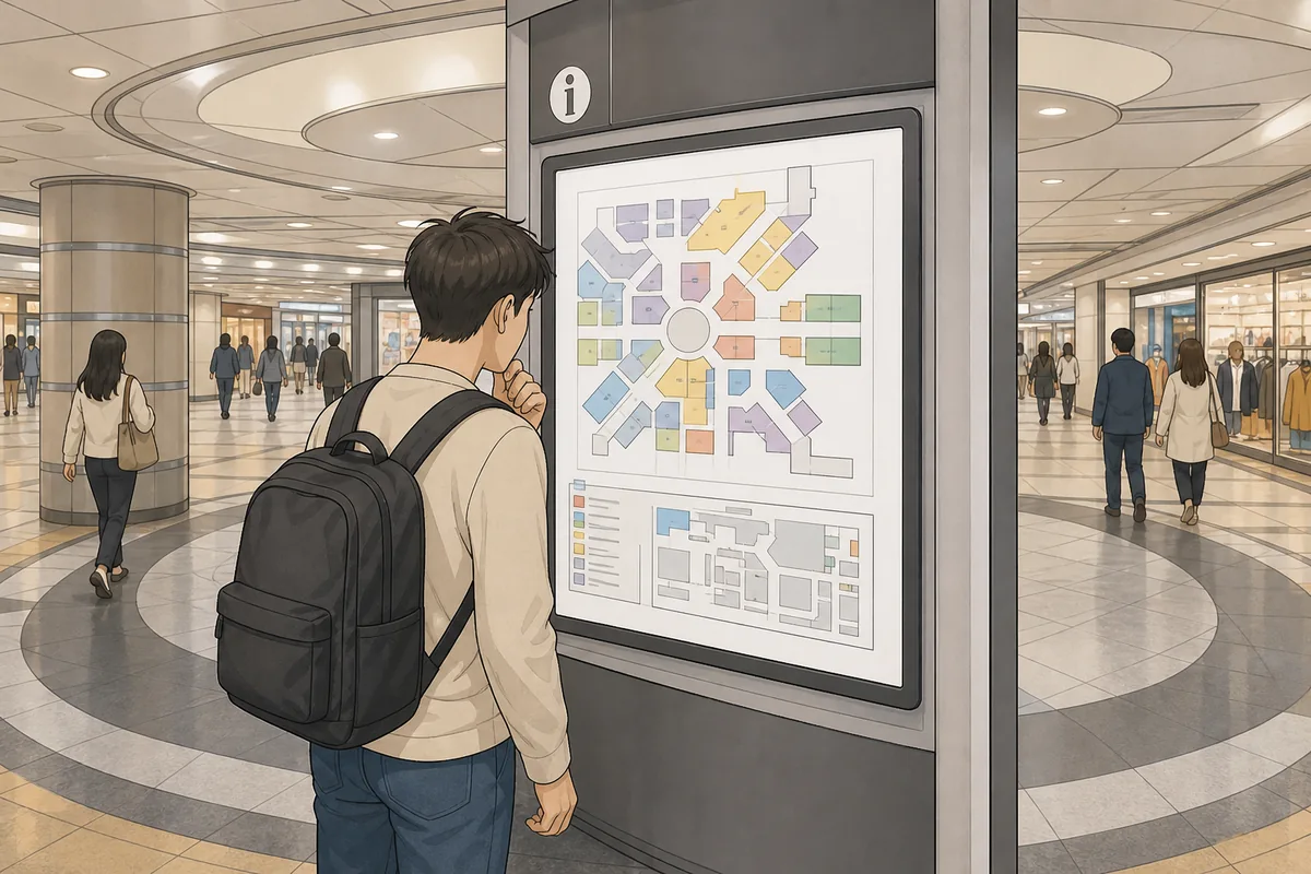 traveler checking a map inside underground shopping streets near a station