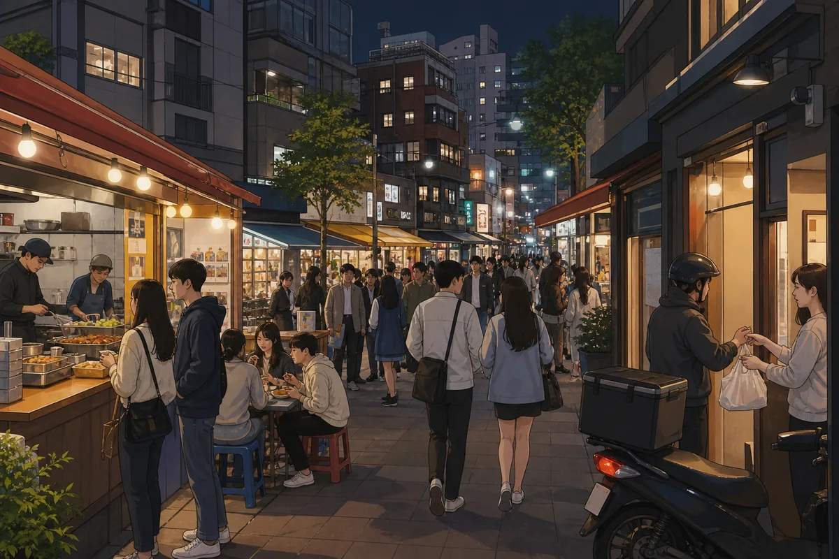 korean university districts explained Busy university districts food street in Hongdae with late-night restaurants, takeaway counters, and convenience stores.