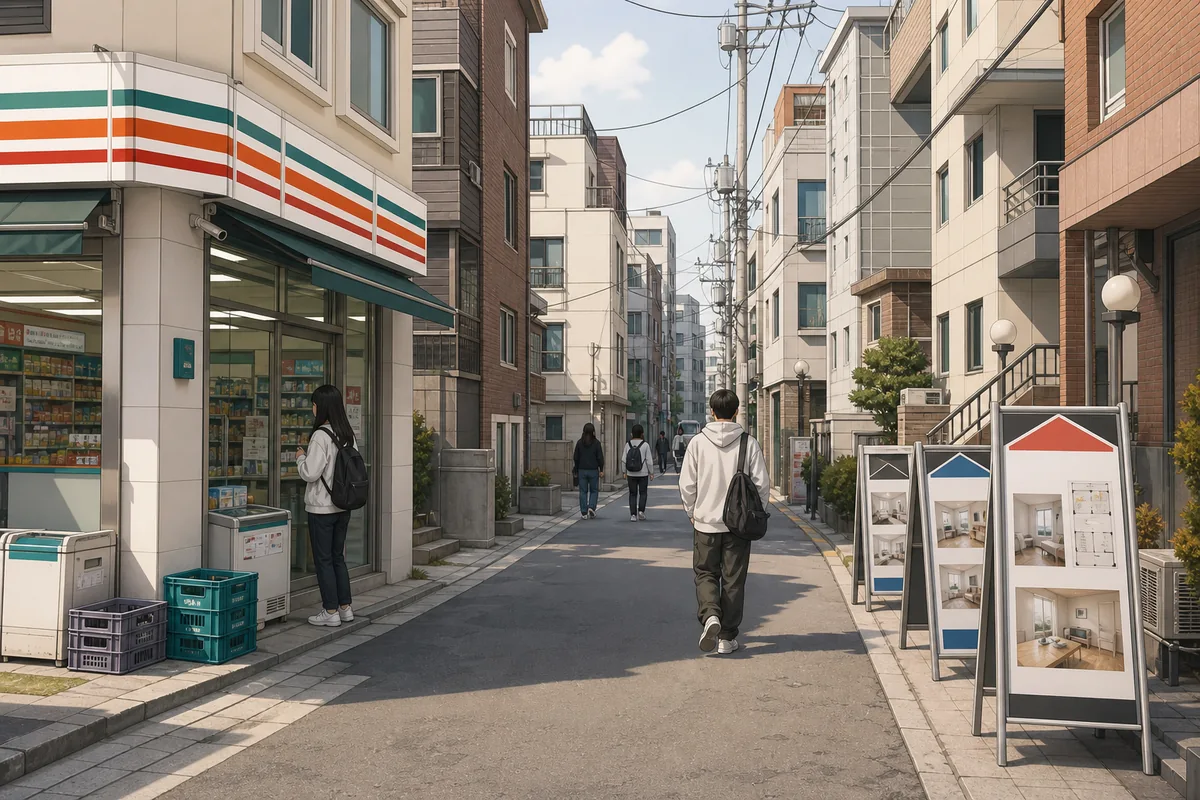 Narrow housing alley in a Seoul university district with studio apartments, real-estate signs, and a convenience store.