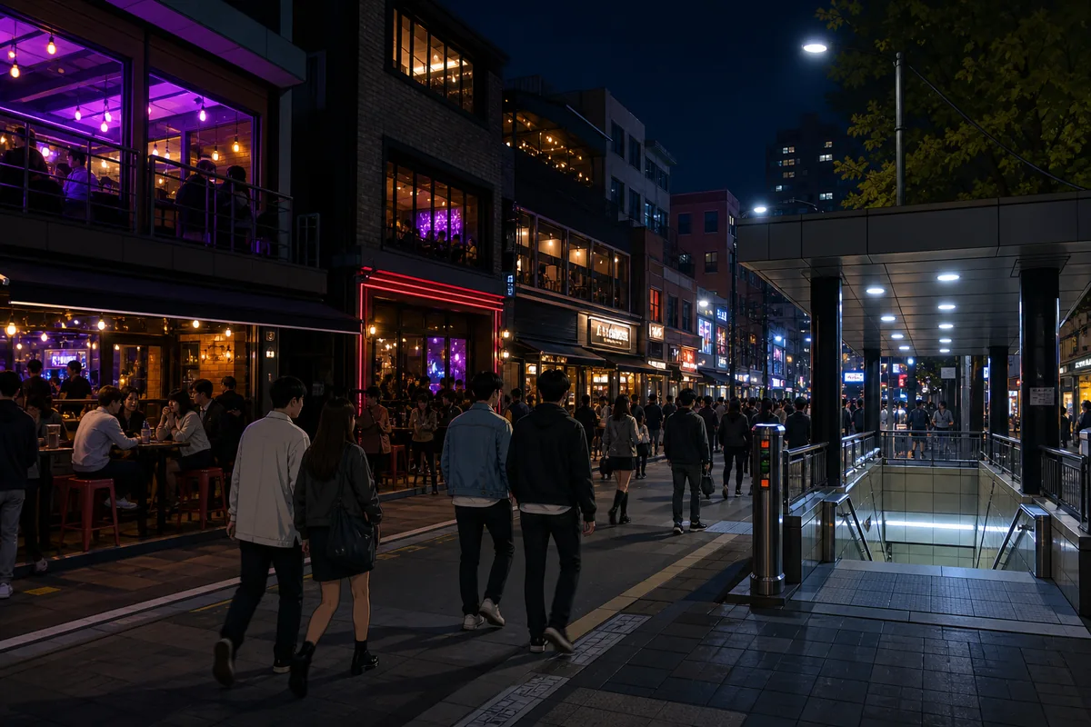 Nightlife street in the Konkuk University area with bars, cafes, and late subway access.