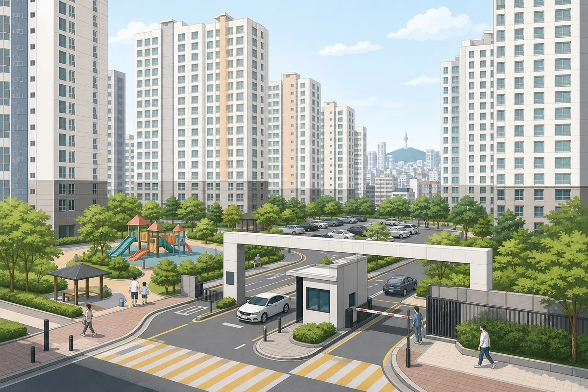 koreans live apartments in a planned new town with apartment towers, roads, and nearby schools