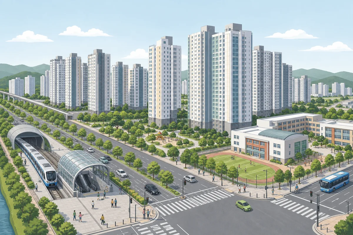 koreans live apartments in a Korean apartment complex showing playgrounds, security, and shared facilities