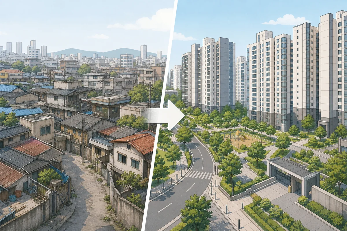redevelopment in Korea replacing older low-rise housing with modern apartment towers