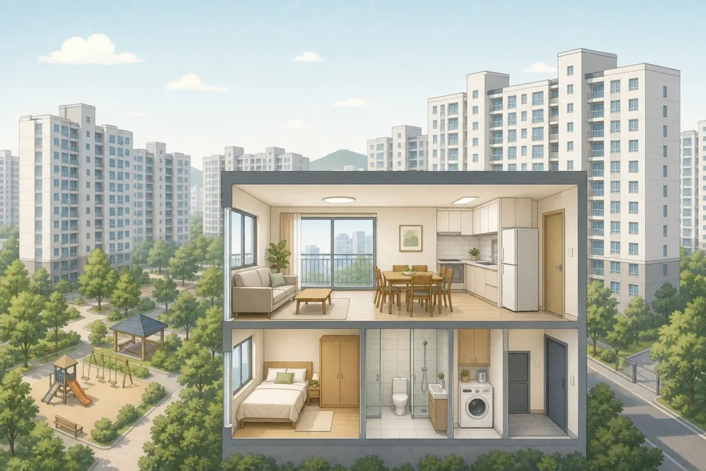 koreans live apartments in a dense Seoul apartment complex with towers, parking, and shared facilities