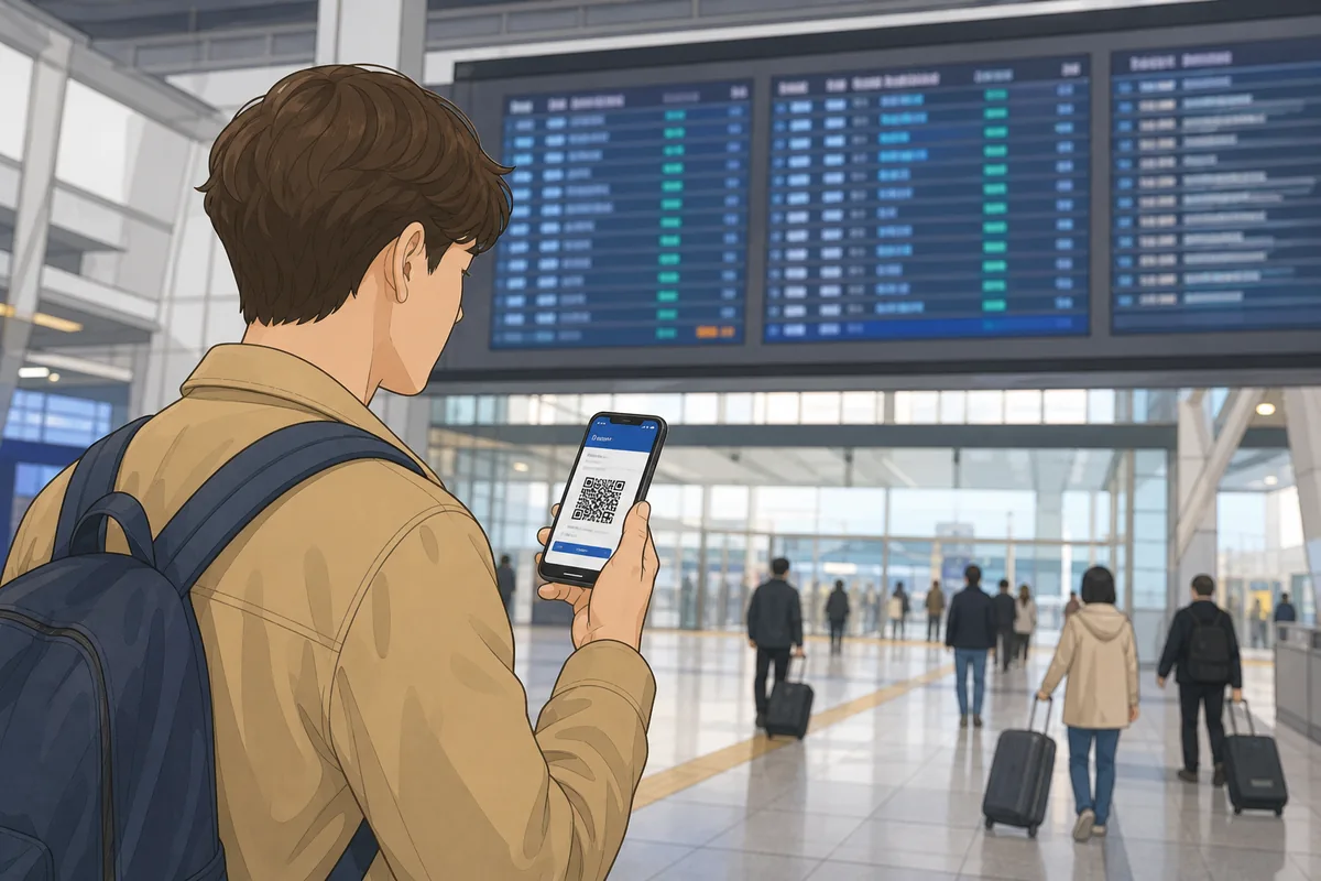 ktx train travel korea ktx train travel passenger checking the departure board beside a KTX ticket in a station hall