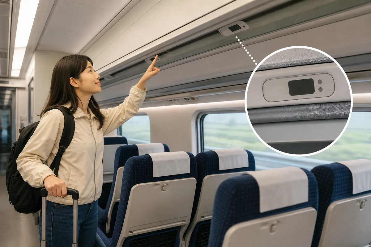 Inside a KTX carriage showing a reserved seat number and overhead labels