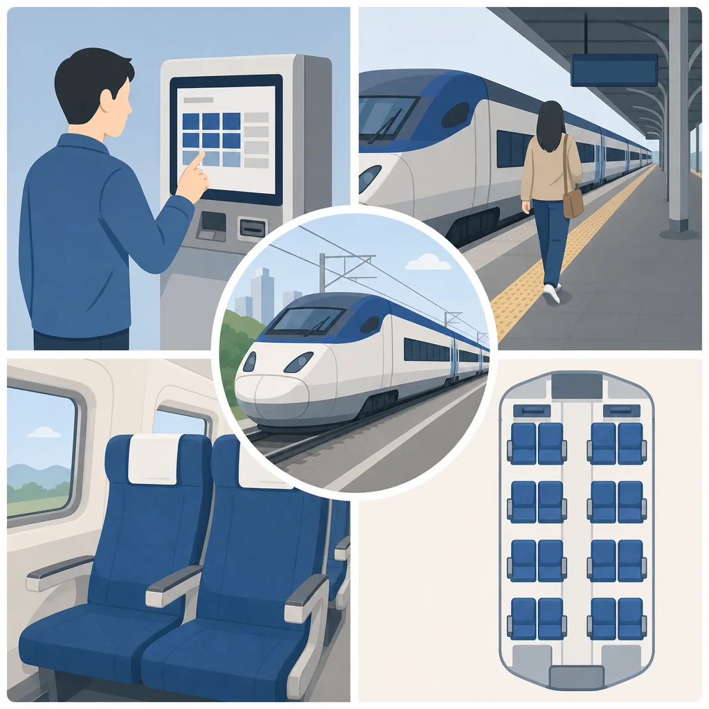 ktx train travel infographic explaining ticket fields, platform signs, car number markers, and seat numbers