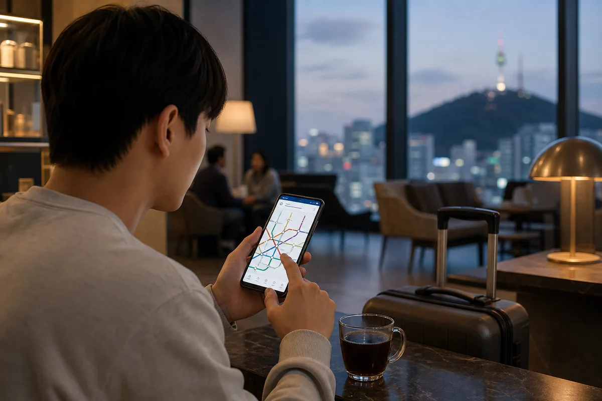 A traveler checking the last train time on Naver Map in Seoul at a café