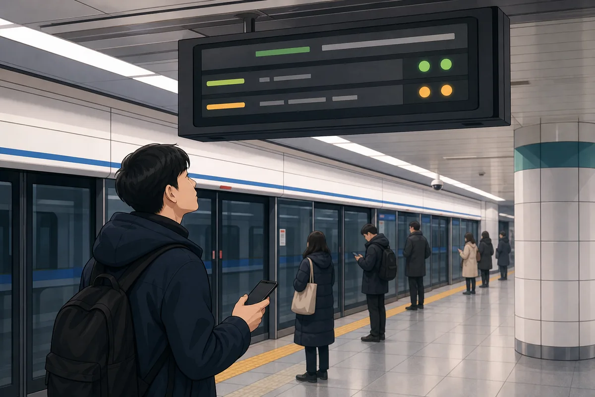 Seoul subway platform departure board showing the last train time for a route