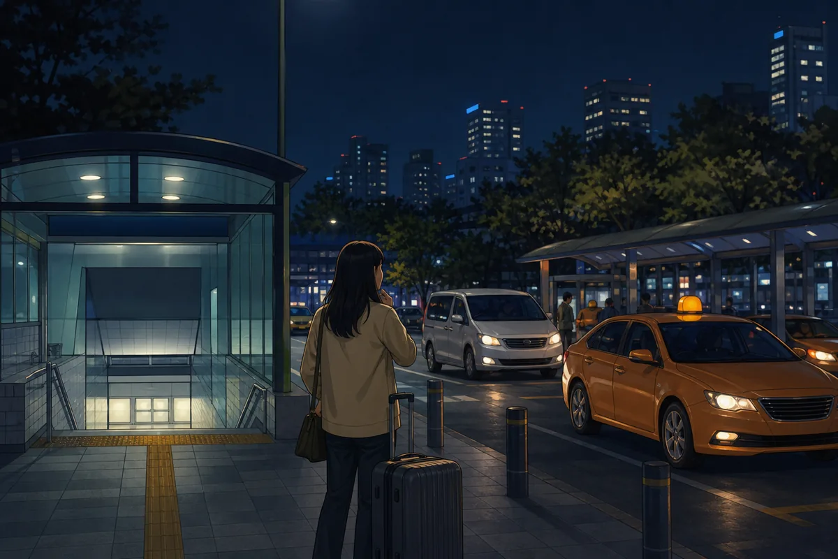 Late-night street near a Seoul station with a traveler deciding what to do after the last train time
