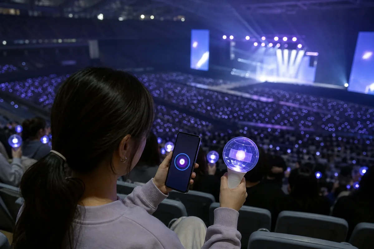 fan using a smartphone for lightstick rules and app connection inside a Korean concert venue
