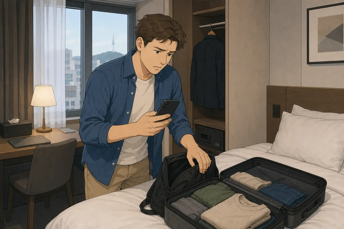 lost passport korea checklist at a hotel front desk with backup ID and flight details