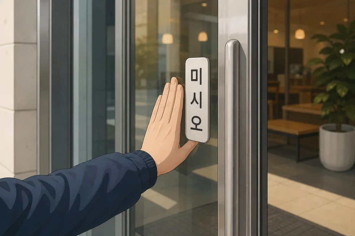 misio vs dangisio example: Korean door sign 미시오 showing a person pushing the door