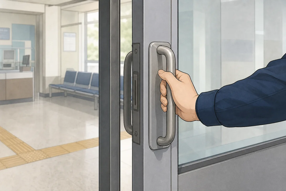 misio vs dangisio example: Korean door sign 당기시오 showing a person pulling the door