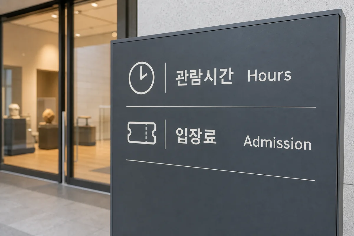 museum sign words on a Korean museum entrance board showing 관람시간 and 입장료