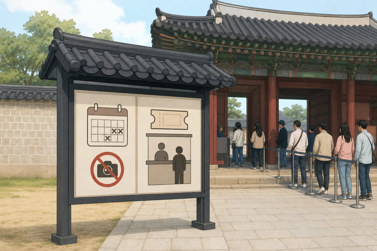 Korean palace notice board with 휴관일 and ticket information for visitors