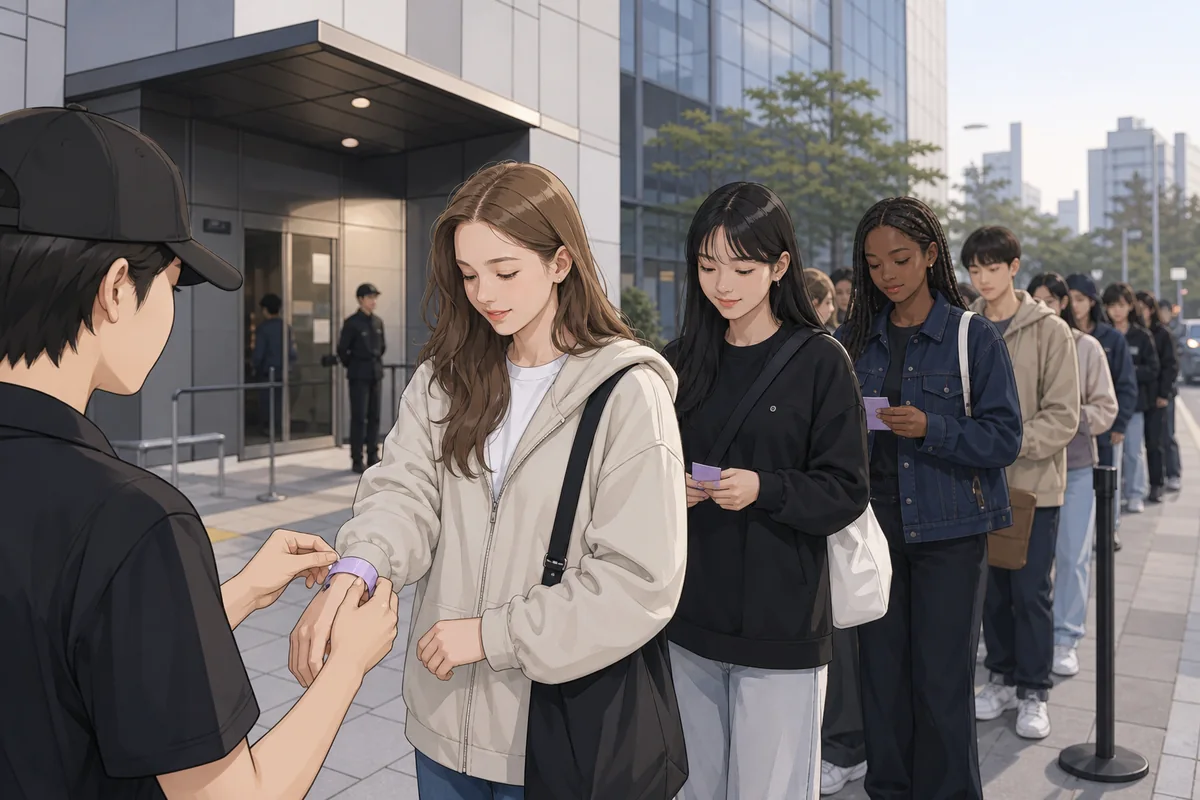 music show guide check-in for foreign visitors showing passport and reservation at a Korean music broadcast venue