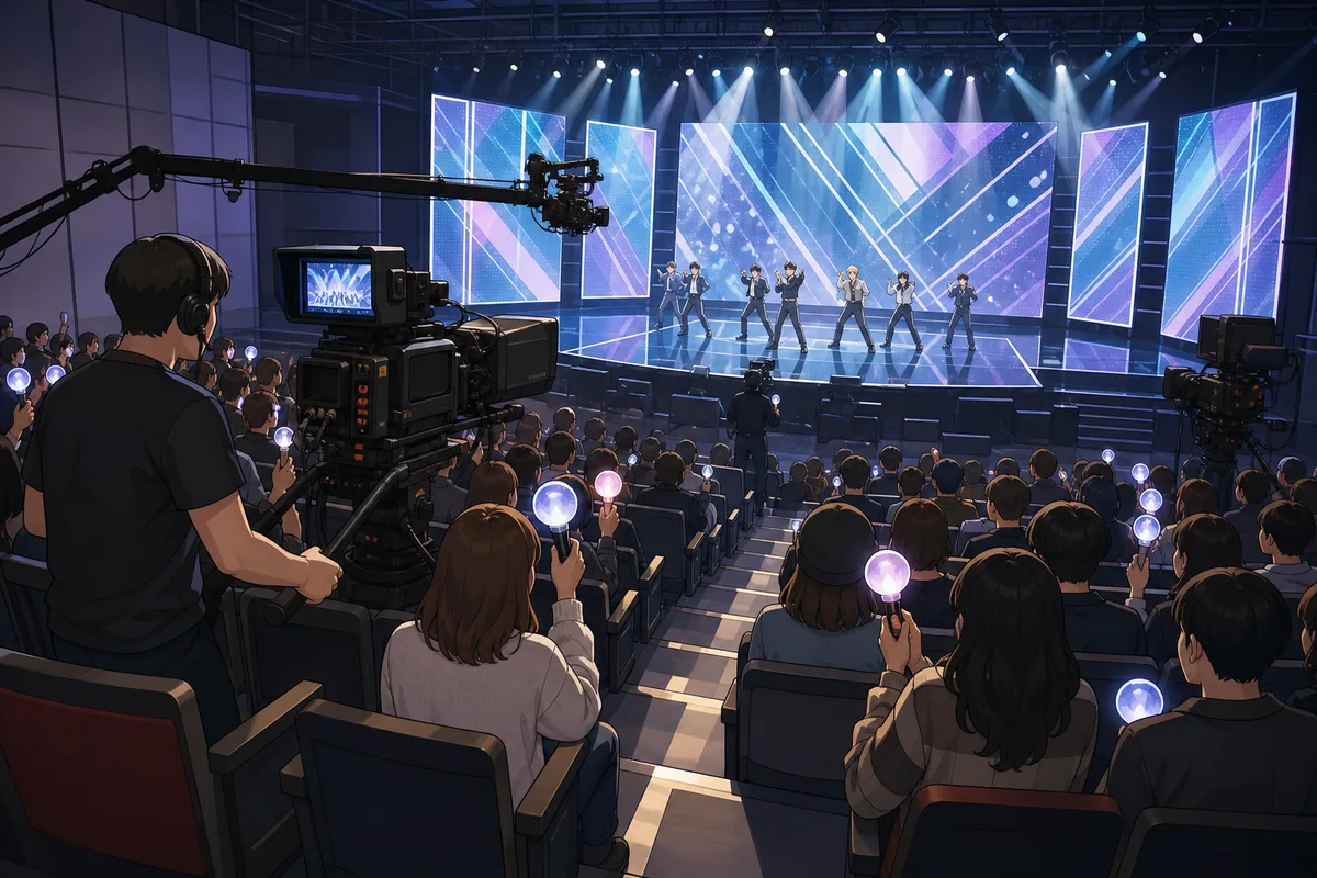 music show guide inside a Korean music show studio with audience seats and live K-pop stage