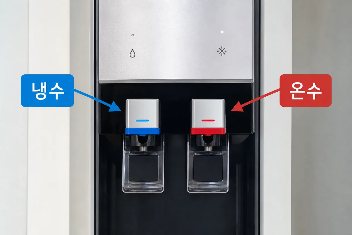 A close-up of a Korean water dispenser showing the naengsu meaning with 냉수 and 온수 labels