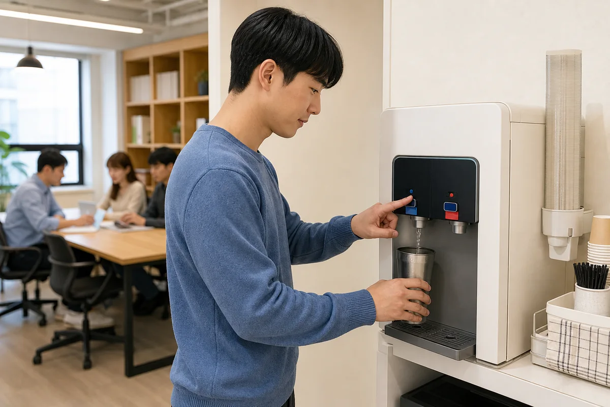 A guest using a Korean water dispenser and checking the 냉수 and 온수 buttons