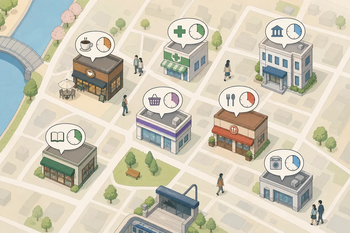 24 hours korea map showing how restaurant, cafe, pharmacy, and bank closing times differ by area