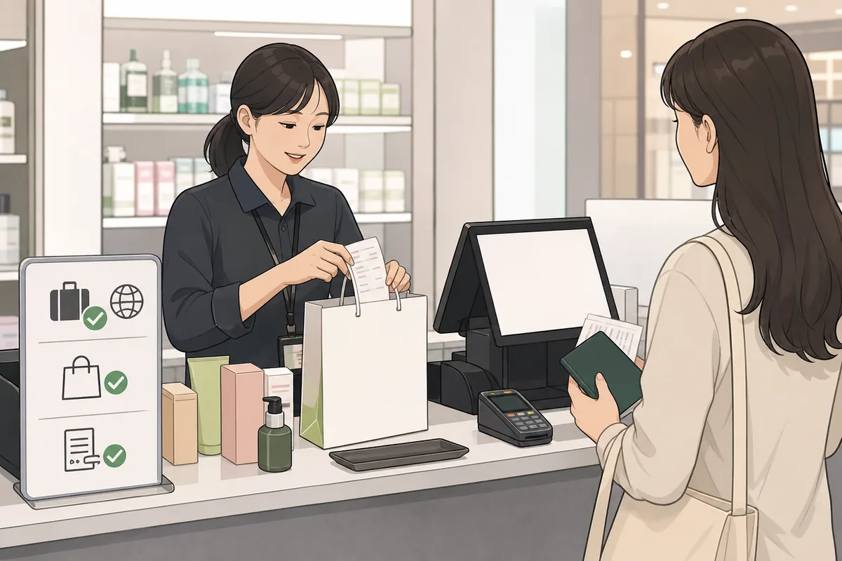 olive young checkout area with tax refund sign and receipt counter